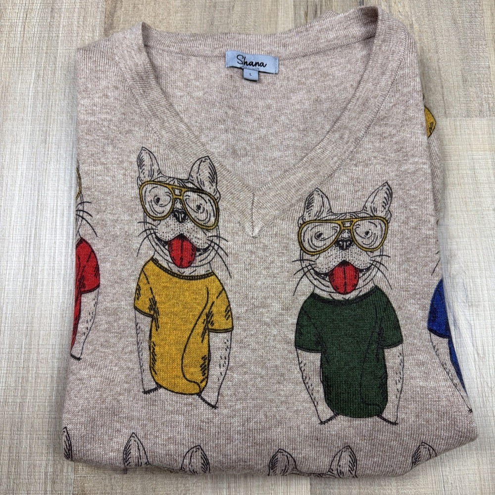 Shana Women's Sweater Large Frenchie‎ Graphic Oversized Knit Wool Novelty Top - Picture 7 of 7